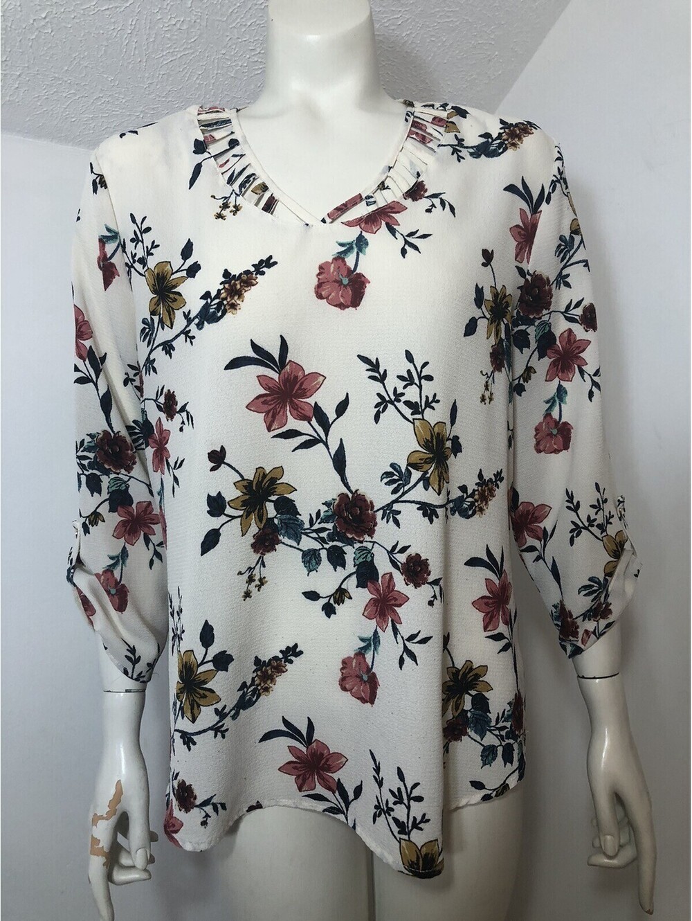 Cure Womens Medium Popover Top Floral 3/4 Roll Tab Sleeves Lattice Neck